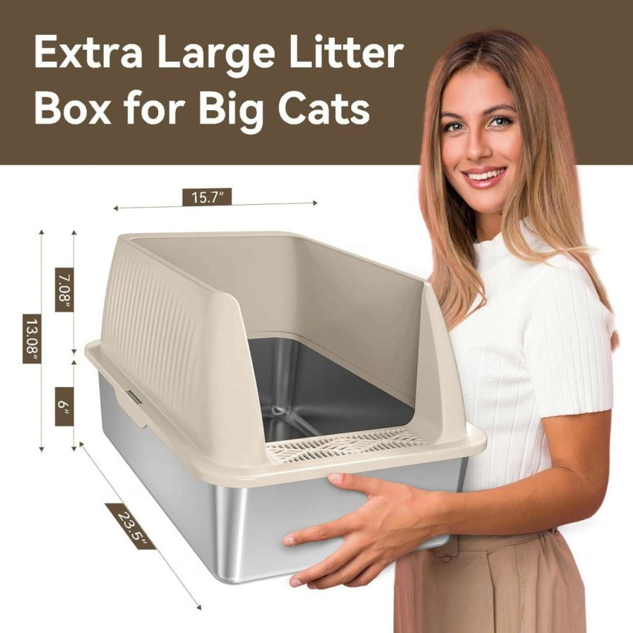 cat litter PETTERM | Petterm Stainless Steel Litter Box Xxl Cat Litter Box With Lid Extra Large Cappuccino Enclosed Metal Litter Pan With High-Sided And Scoop, Rust-Resistant & Odor-Control, Easy Cleaning For Large Cats