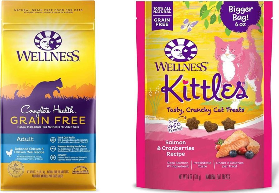 cat food Wellness | Wellness Complete Health Grain-Free Indoor Healthy Weight Dry Cat Food, 5.5 Pound Bag Bundle Kittles Natural Grain Free Cat Treats (Chicken, 2 Pack)