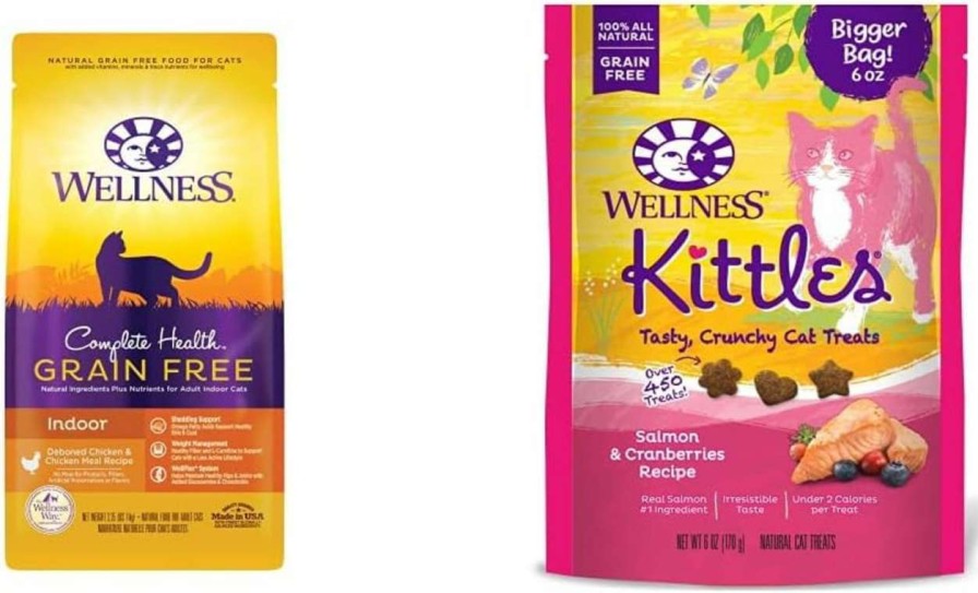 cat food Wellness | Wellness Complete Health Grain-Free Indoor Healthy Weight Dry Cat Food, 5.5 Pound Bag Bundle Kittles Natural Grain Free Cat Treats (Chicken, 2 Pack)