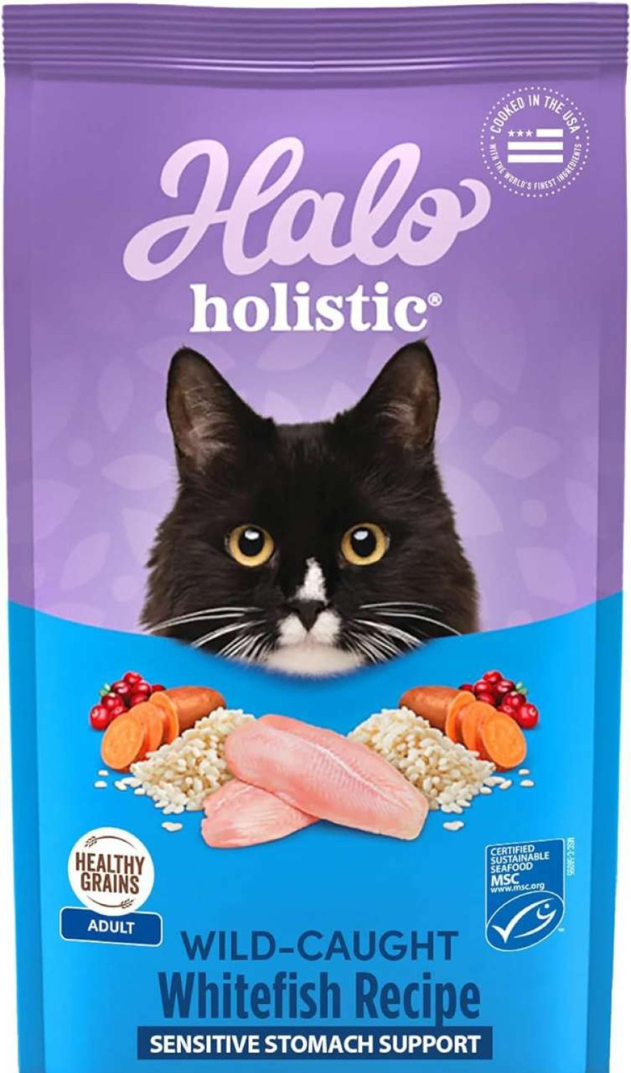 cat food dry Halo | Halo Holistic Cat Food Dry, Wild-Caught Whitefish Recipe For Sensitive Stomach Support, Complete Digestive Health, Dry Cat Food Bag, Sensitive Stomach Formula, 10-Lb Bag