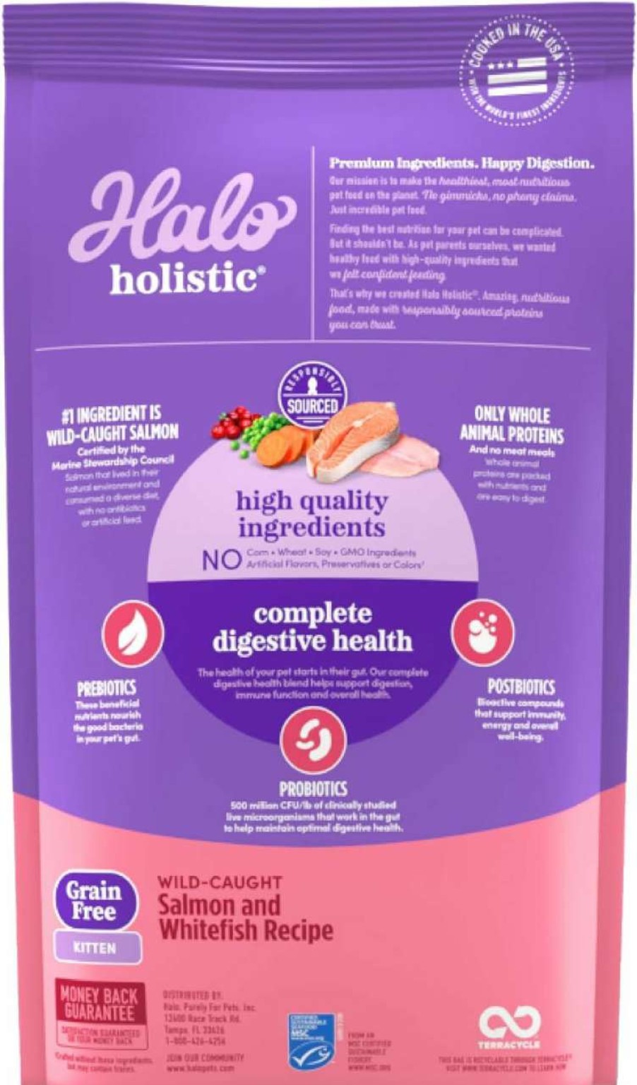 cat food Halo | Halo Holistic Kitten Food Dry , Grain Free Wild - Caught Salmon And Whitefish Recipe, Complete Digestive Health , Dry Cat Food Bag , Kitten Formula, 3-Lb Bag