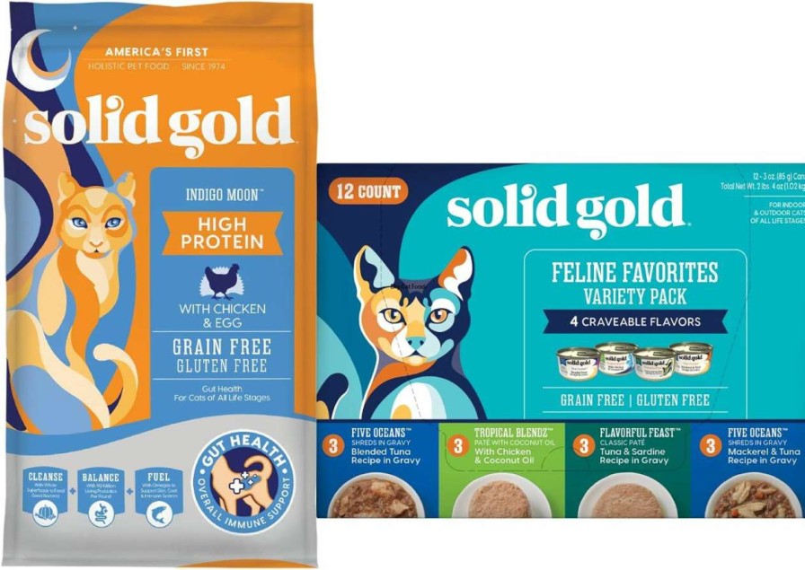 cat food Solid Gold | Solid Gold Indigo Moon - Dry Cat Food With Digestive Probiotics For Cats - Grain & Gluten Free - High Protein - 3Lb - Wet Cat Food Variety Pack - Wet Cat Food Pate & Shreds In Gravy Recipes - 12 Pack