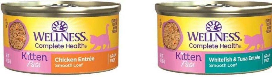 cat food Wellness | Wellness Complete Health Kitten Canned Wet Cat Food Bundle: Chicken Pate, 3 Ounces (Pack Of 24) + Whitefish & Tuna Pate, 3 Ounce Can (Pack Of 24)