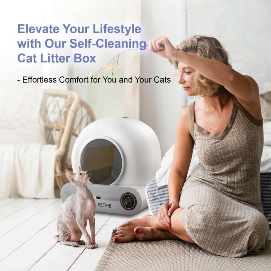 cat litter PETM8 | Petm8 Self-Cleaning Cat Litter Box,65L+9L Large Capacity Automatic Cat Litter Box,Safety Protection,No Scoop Litter, App Control,Odor Removal,Low Noise,Great For The Frequent Traveler&Multi Cats