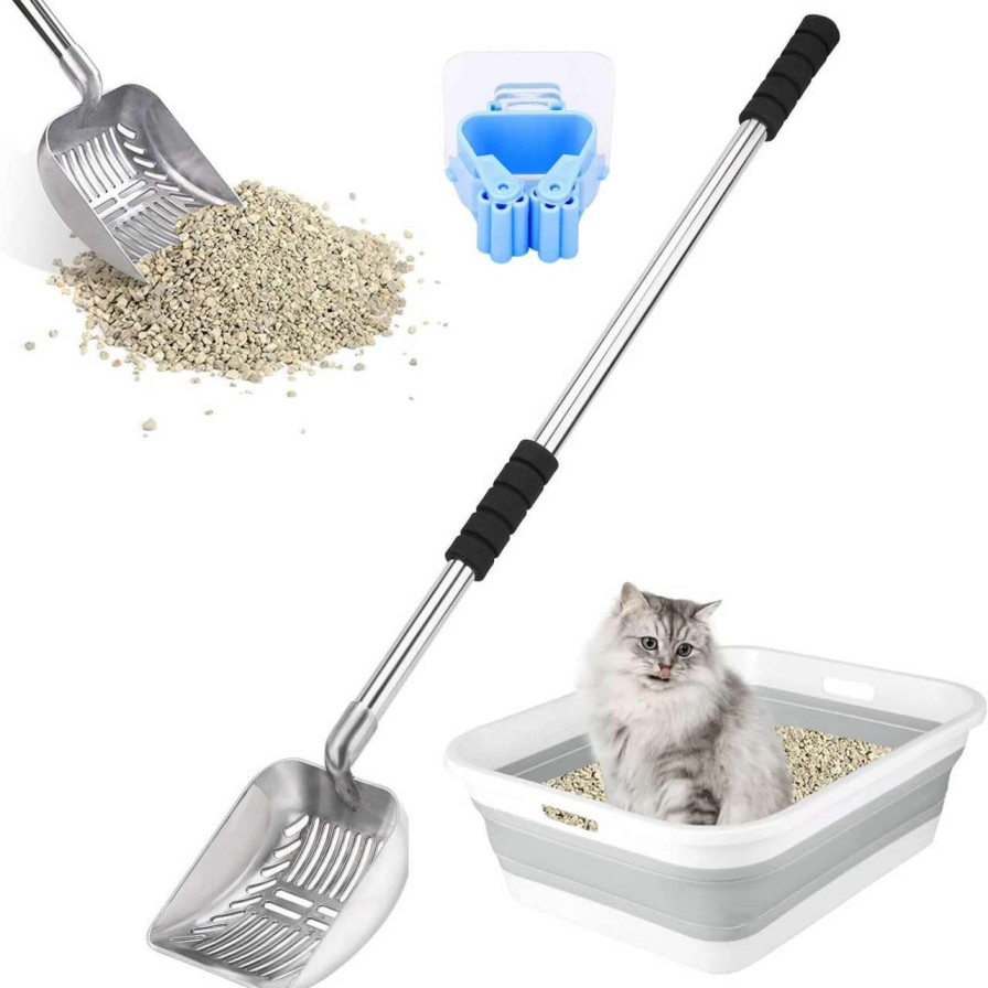 cat litter LYCC | Cat Litter Scoop, Metal Long Handle Litter Scooper With Holder, Stainless Steel Detachable Litter Scoop With Foam Pad Grip, No Bending Back Non-Stick Cat Sifter Shovel Pet Poop Fast Sifter