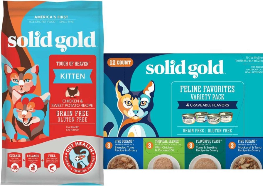 cat food Solid Gold | Solid Gold Dry Kitten Food - Made With Real Chicken And Sweet Potato - Touch Of Heaven Grain Free Dry Cat Food - 6Lb - Wet Cat Food Variety Pack - Wet Cat Food Pate & Shreds In Gravy Recipes - 12 Pack