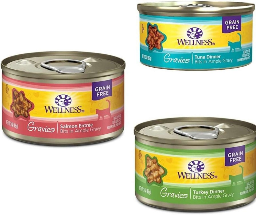 cat food Wellness | Wellness Complete Health Gravies Grain Free Canned Cat Food, 3.3 Ounce Can, 36 Count Variety Pack: Salmon Entree + Tuna Dinner + Turkey Dinner