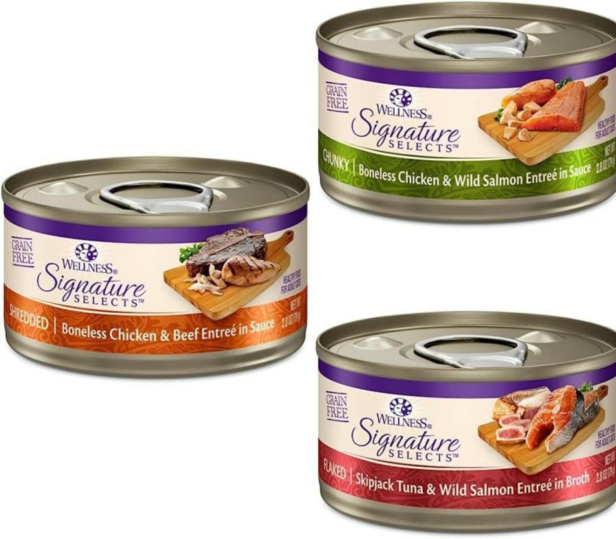 cat food Wellness | Wellness Core Signature Selects Wet Cat Food 2.8 Ounce Can Variety Bundle, 36 Count: Shredded Chicken & Beef Entree + Chunky Chicken & Salmon + Flaked Skipjack Tuna & Wild Salmon