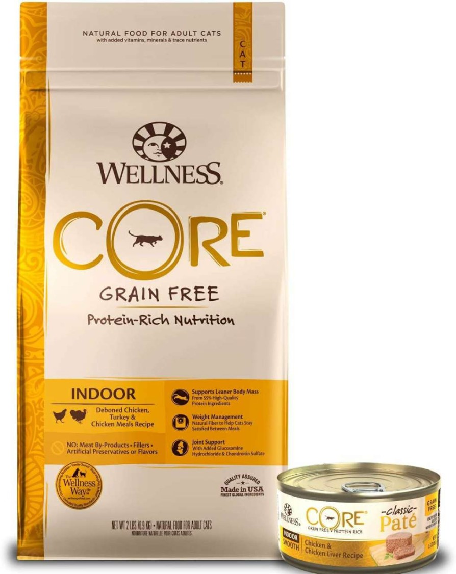 cat food wet Wellness Natural Pet Food | Wellness Core Grain-Free Indoor Formula Dry Cat Food, 2 Pound Bag + Wet Canned Cat Food, Indoor Recipe, 5.5-Ounce Can (Pack Of 24), 7910