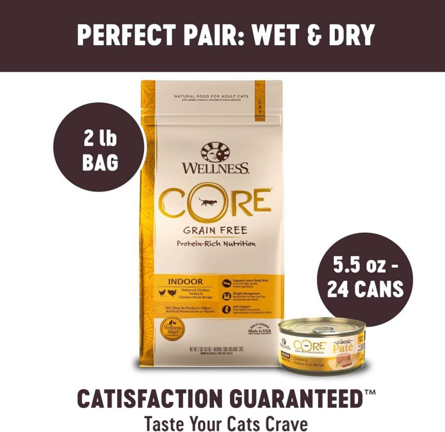 cat food wet Wellness Natural Pet Food | Wellness Core Grain-Free Indoor Formula Dry Cat Food, 2 Pound Bag + Wet Canned Cat Food, Indoor Recipe, 5.5-Ounce Can (Pack Of 24), 7910