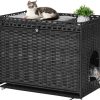 cat litter Honiakaka | Cat Litter Box Enclosure With Soft Litter Mat; Hidden Washroom Furniture With Door; Handwoven Rattan Cat House With Large Space; Pet Crate For Living Room, Bedroom, Balcony (Grey)