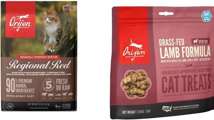 cat food ORIJEN | Orijen Dry Cat Food, Grain Free, Premium, High Protein, Fresh & Raw Animal Ingredients, Regional Red, 12Lb Freeze Dried Cat Treats, Grass Fed Lamb, 1.25Oz