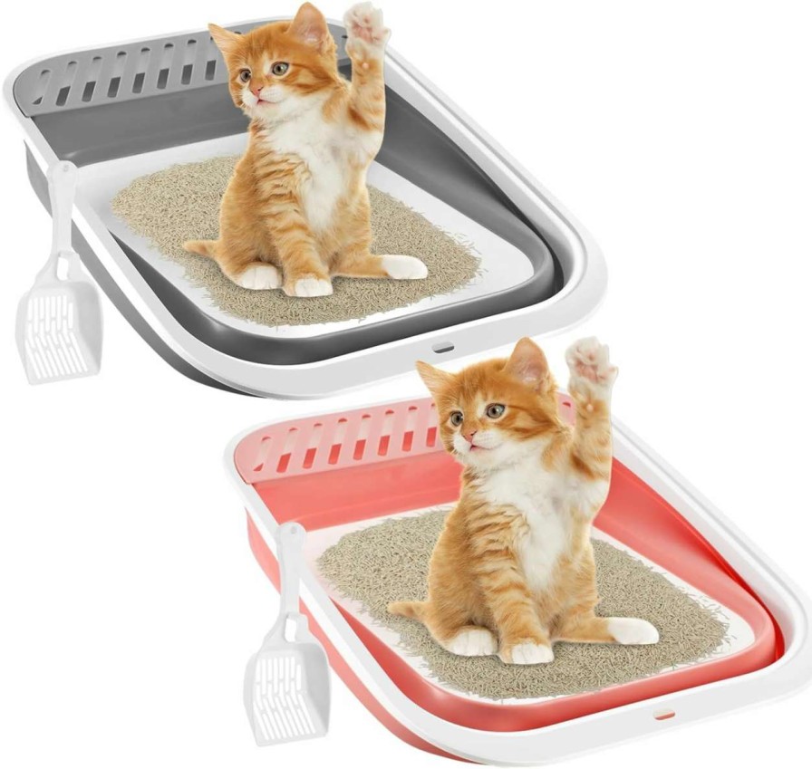 cat litter Domensi | Domensi 2 Pcs Foldable Open Top Low Entry Kitten Litter Box Semi Enclosed Anti Splash Waterproof Litter Pans Collapsible Small Cat Litter Box Cat Toilet Easy Clean With Scoop For Small Cats Gray Pink